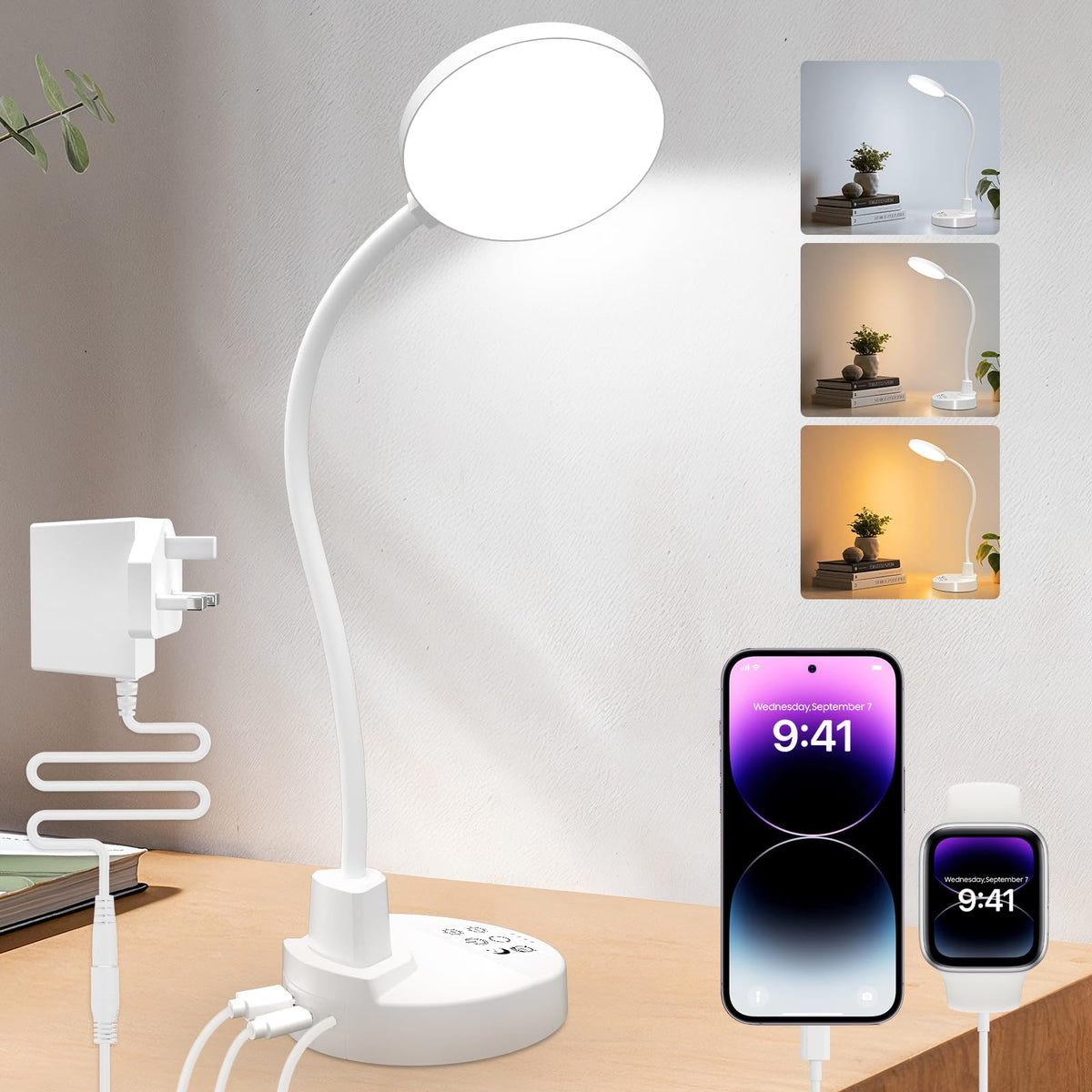 60 LED Desk Lamp with USB Charging Ports – Dimmable Table Lamp with 3 Color Temps, 5 Brightness, 4 Timers, 15W Flexible Gooseneck Light with Base, Eye-Caring Reading Light for Home Office, Bedroom