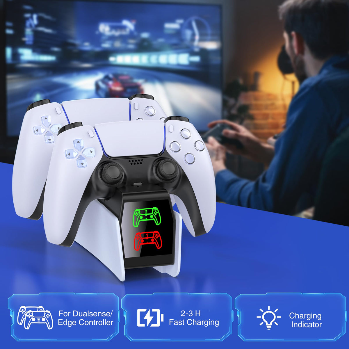 HELLCOOL PS5 Charging Charger for DualSense & Edge, Fast Charge 2 Controllers Simultaneously, Drop&Go No Alignment, LED Indicator with Touch Off, Smart Safety Protection, with 1m USB-C Cable
