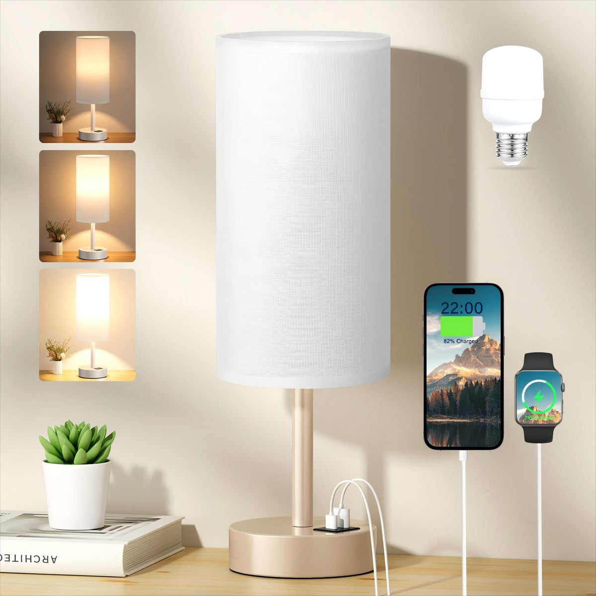 Aooshine Grey Table Lamp, 3-Way Dimmable, USB A + C Charging