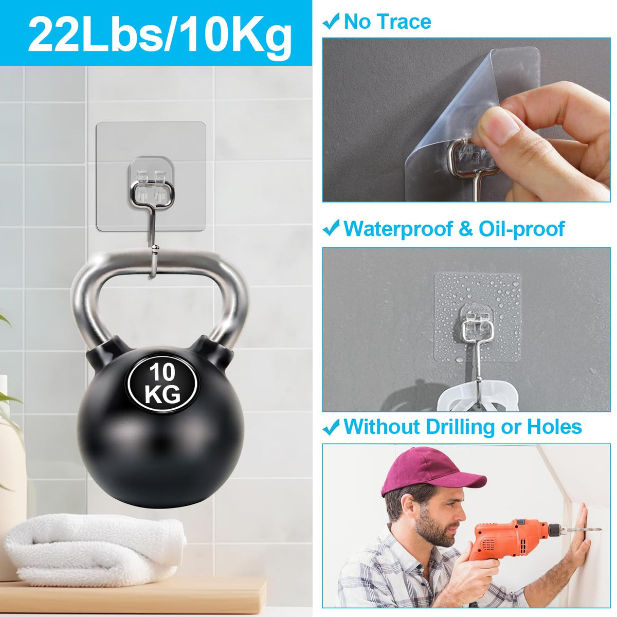 AOMEES Adhesive Hooks Heavy Duty Wall Hooks 8kg (Max) Self Adhesive Hook 12pcs