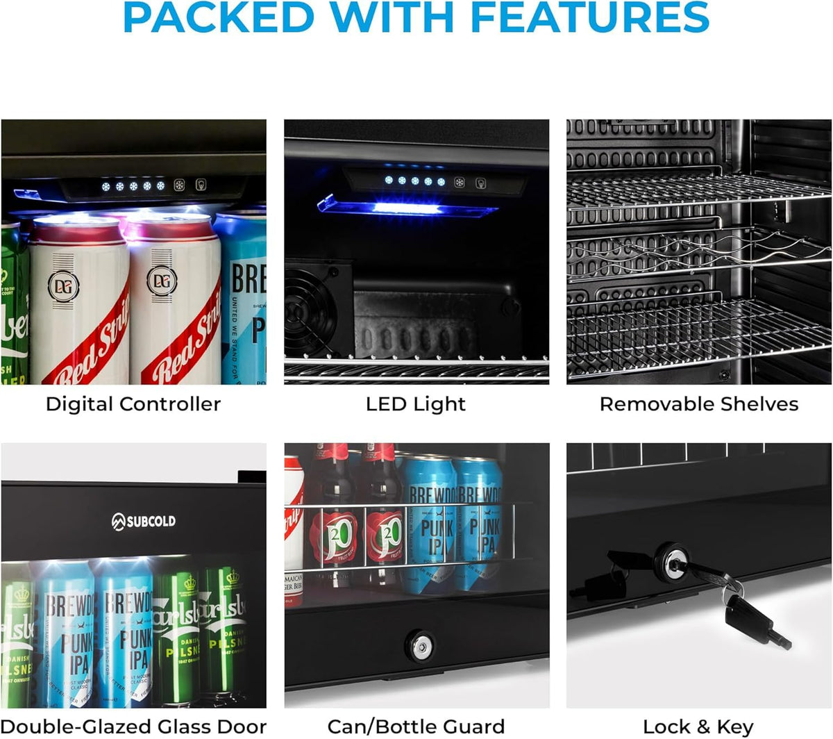 Subcold Ace90 LED Touch Control Beer Fridge With Glass Door | Premium Drinks & Wine Fridge | Black Alu Handle, Auto Defrost, Lockable | 91 Cans | Ideal for Home Bar Undercounter