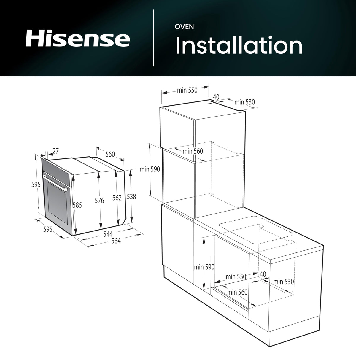 Hisense BI62020ABGUK - Built-in 60L Electric Single Oven - Black - 530x595x595 mm (DxWxH) - A Rated, Extra Large