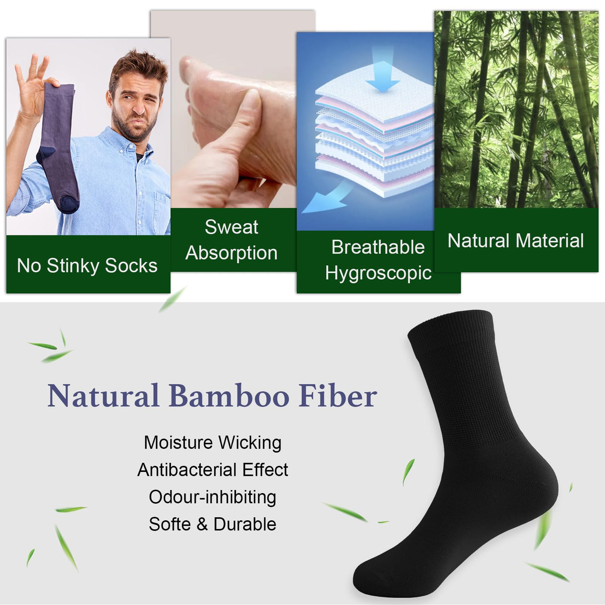 Niorasen Men's Extra Wide Diabetic Bamboo Socks, 3/6 Pairs