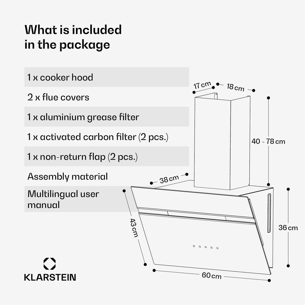 Klarstein Alina 90 Angled Cooker Hood - 615m³/h Air Flow, Touch Panel, LED Backlighting, Quiet 63dB, Energy Class A, 90cm Extractor Hood, Black