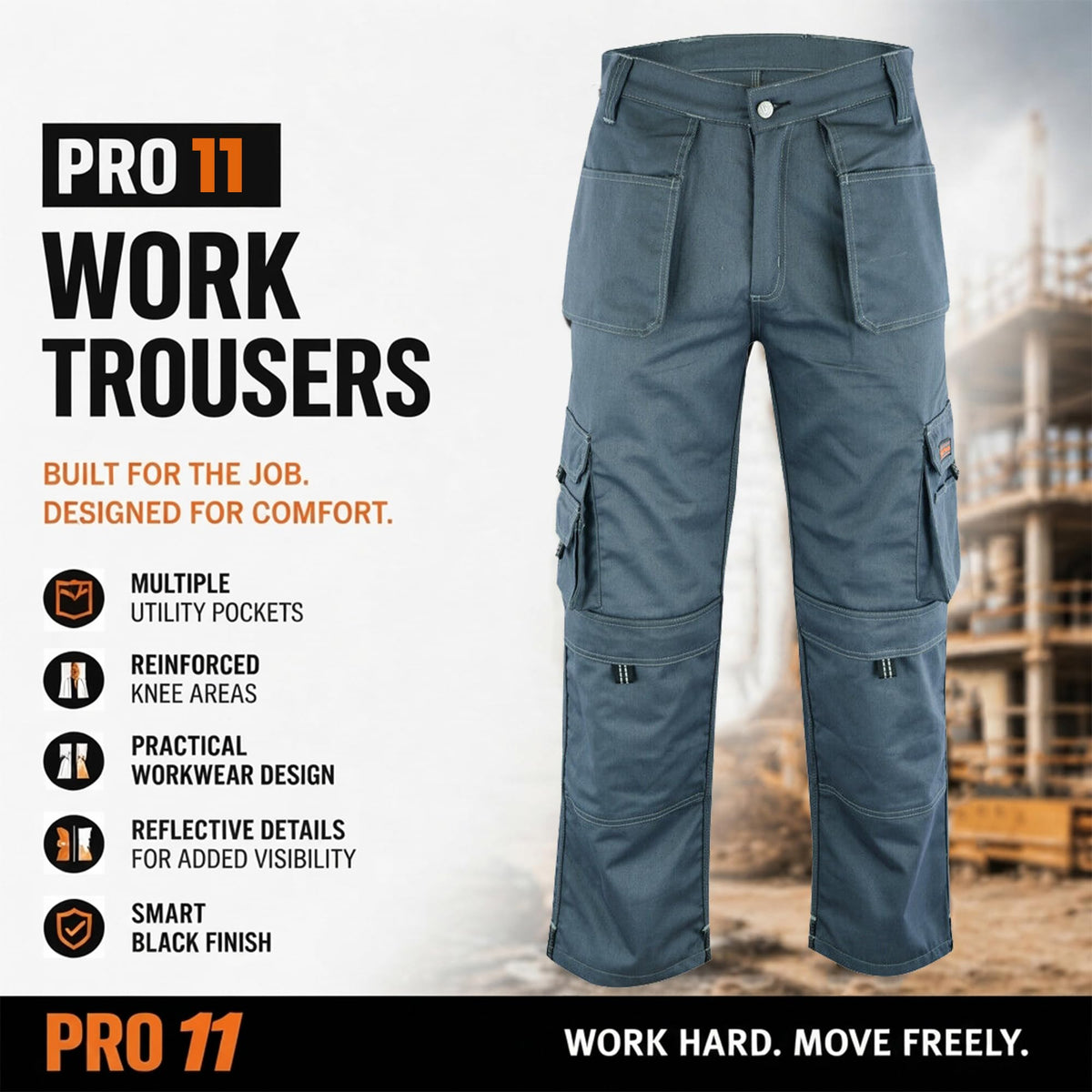 WrightFits Men Pro-11 Work Trousers Black - Heavy Duty Safety Combat Cargo Pant - Multi Pockets & Knee Pad Pockets - Triple Stitched -Durable Work wear (28W-48W)