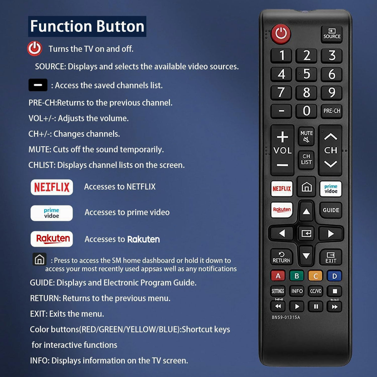 Smart Samsung Remote Controls For Smart Tv with Netflix, Prime Video, Rakuten Tv Buttons For All Samsung Tv Led Qled Uhd Frame Curved Solar Hdtv 3D 4K 8K Smart TVs, Universal Samsung Tv Remote