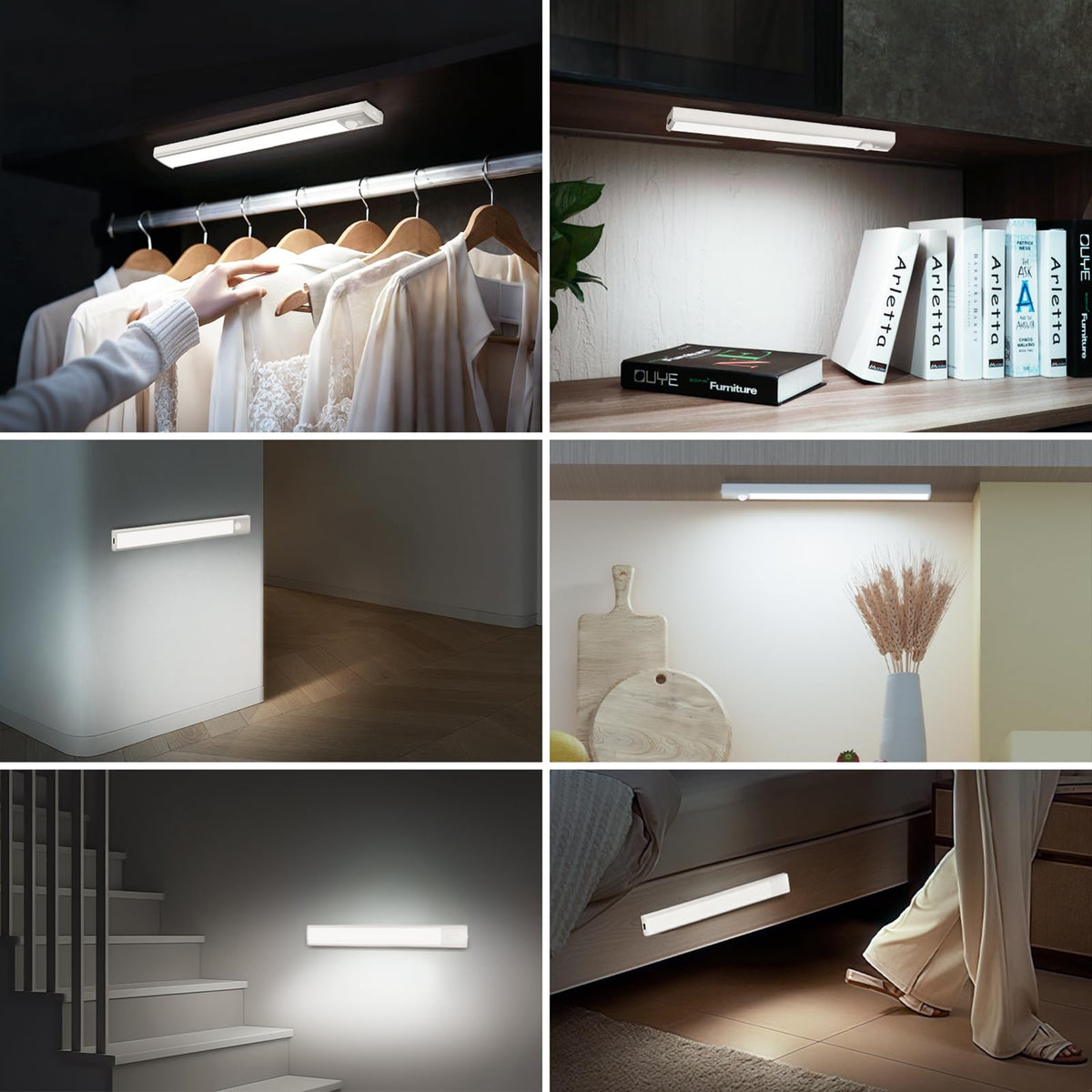 daphomeu 5 Pack Rechargeable Under Cupboard Kitchen Lights, 20CM Dimmable Warm Cabinet Light, LED Motion Sensor Lights Indoor, Magnetic Stick Light for Kitchen Shelf Stairs Wardrobe