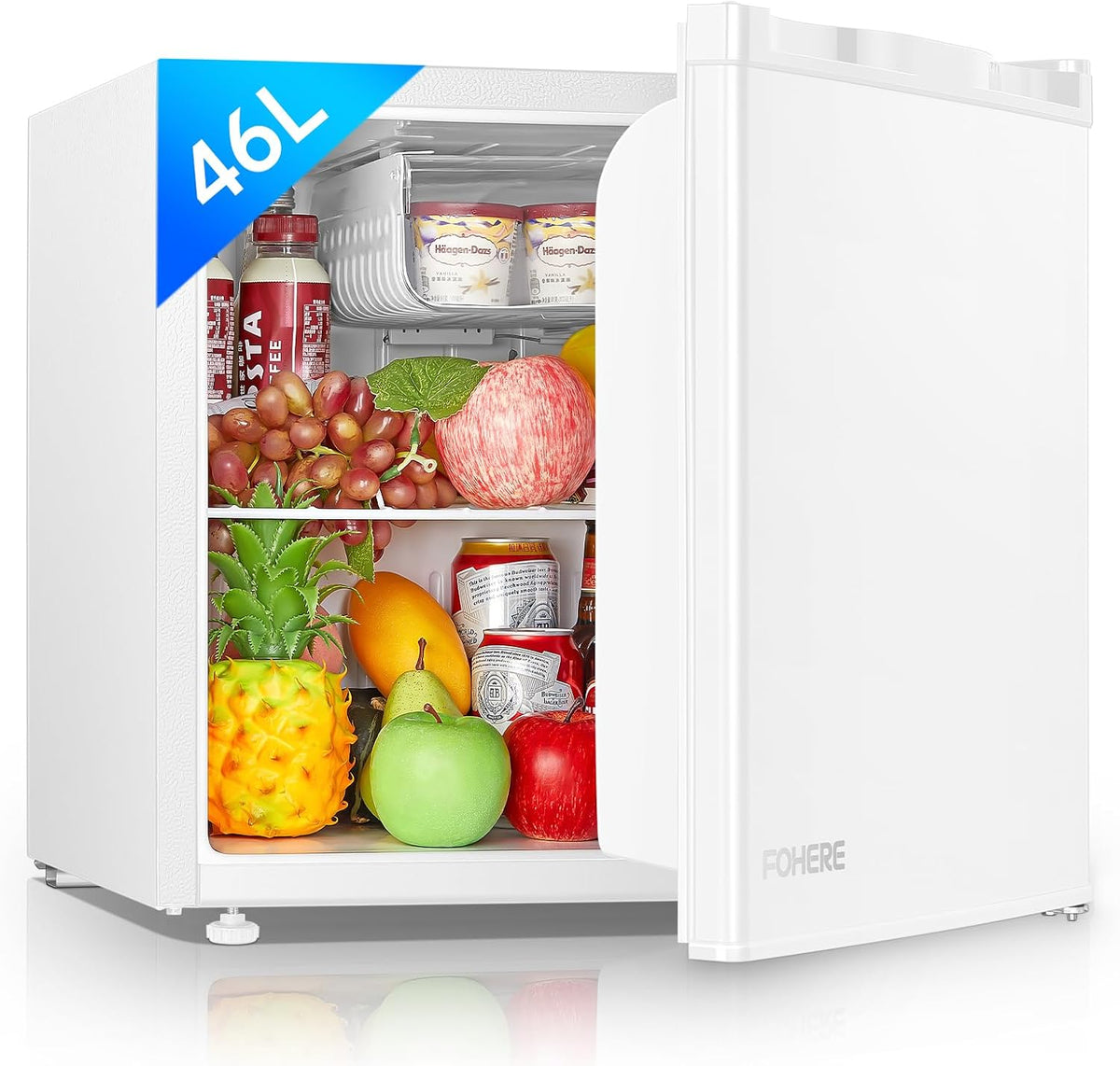 FOHERE Mini Fridge 46L, Small Table Top Fridge, Low Noise, Adjustable Temperature Control & Legs, Reversible Door, Compact Wine&Beers Cooling, Black