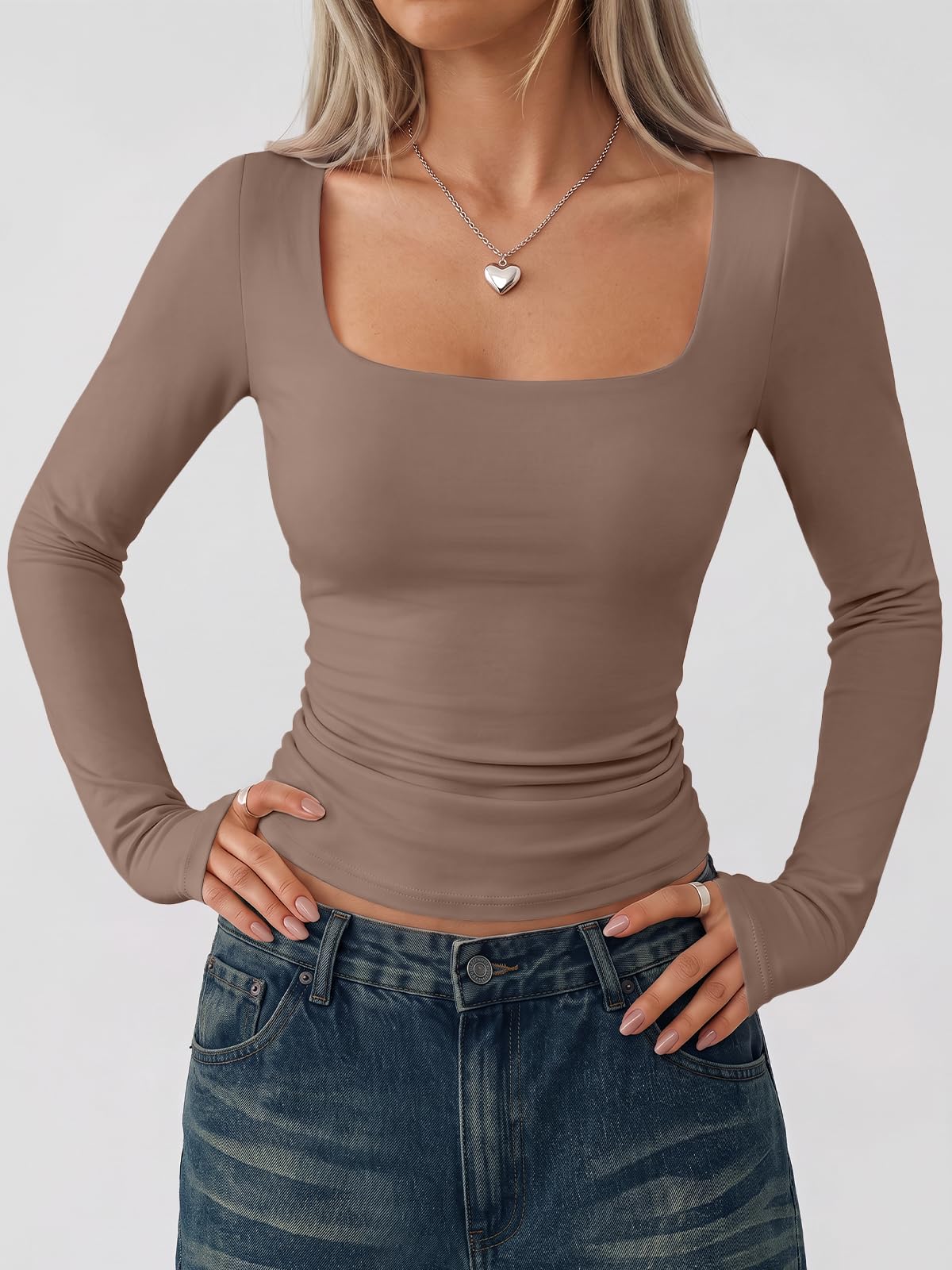 LILLUSORY Long Sleeve Tops Women UK Square Neck Double Lined T Shirts
