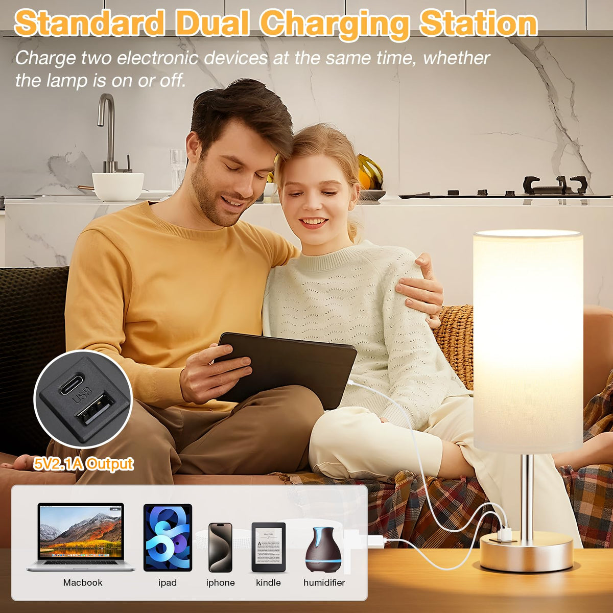 Aooshine Grey Table Lamp, 3-Way Dimmable, USB A + C Charging