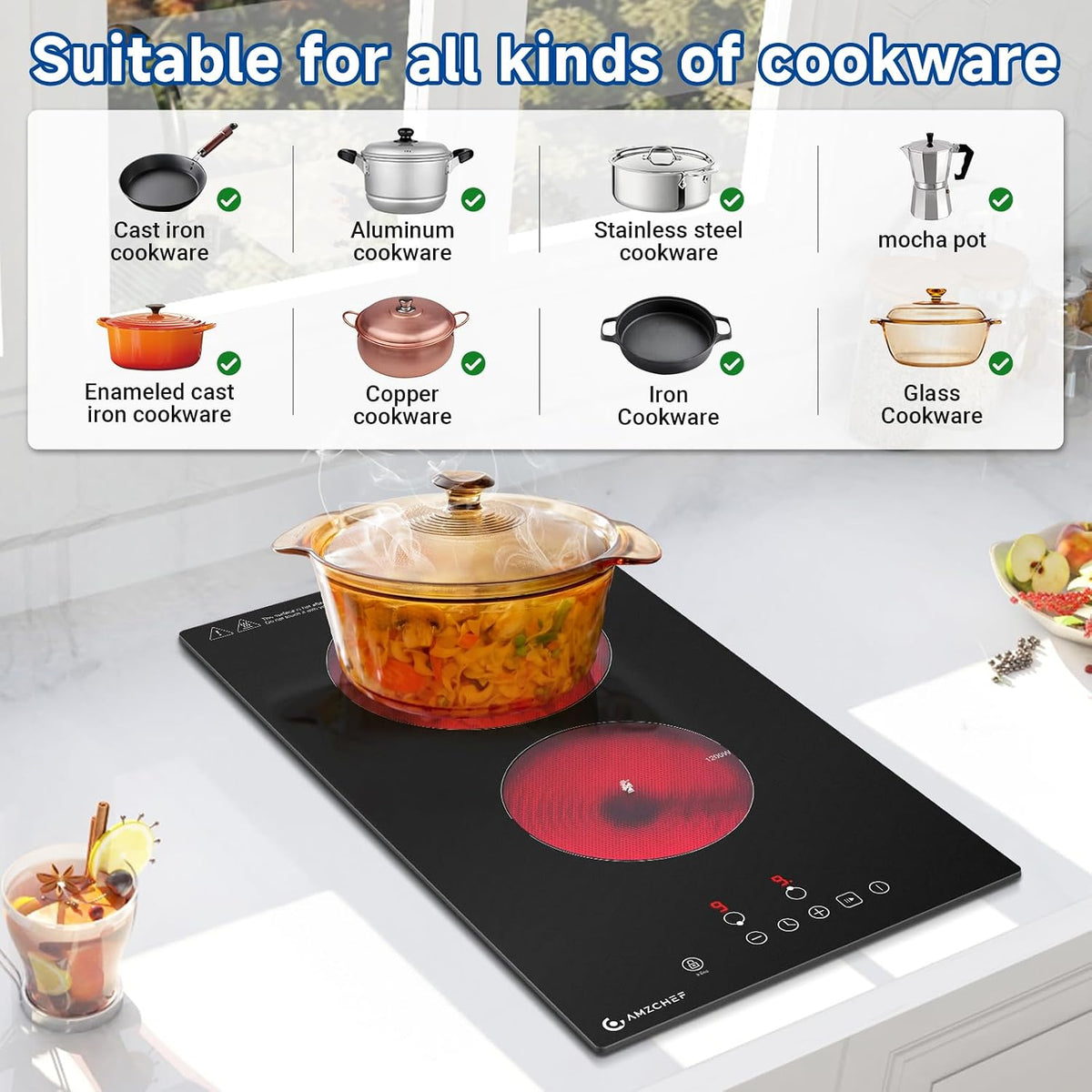 AMZCHEF Ceramic Hob 2 Zones, 3000W Electric Hob 2 Ring, Table Top & Built-in Dual installation, Plug and Play, 9 Power Levels, Timer & Pause Function, Child Lock, Easy Clean Frosted Glass Panel