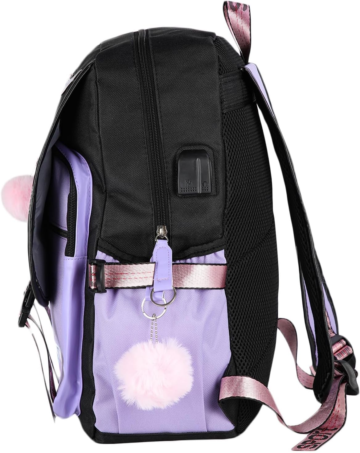 Kpop Purple Black Backpack for School, Large K Pop Rucksack with USB and Audio Cable, Lightweight Casual School Bag for Vacation Travel, Kpop Backpack for Girls Boys Fans