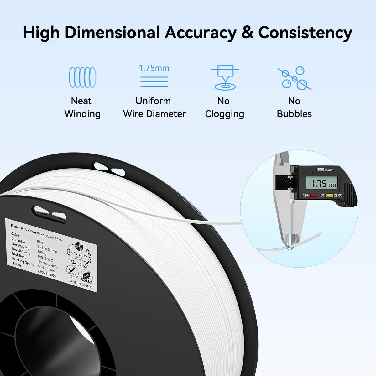 Creality Ender PLA 3D Printer Filament 1.75mm, 4 Packs 1KG Spool(2.2lbs), Dimensional Accuracy +/-0.03mm, No Clogging & Bubbles, Fits for Most FDM 3D Printers (White*4KG)