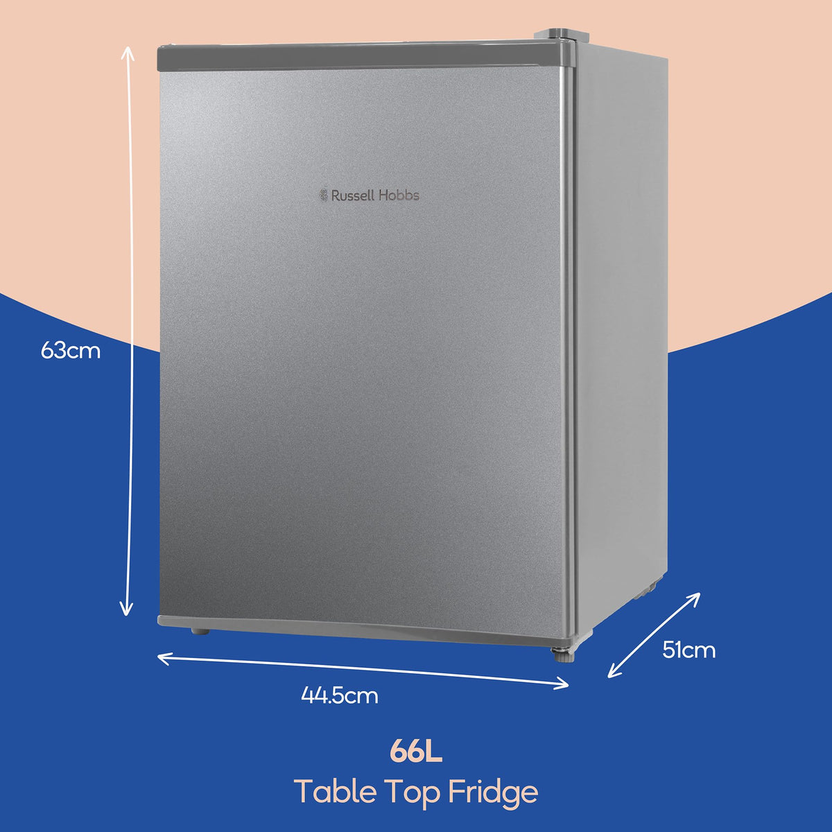 Russell Hobbs Table Top Larder Mini Fridge 66L Capacity, Reversible Door & Adjustable Feet, 0 to 8 Degrees Manual Temperature Control, Silver RH67TTLF0E1SS