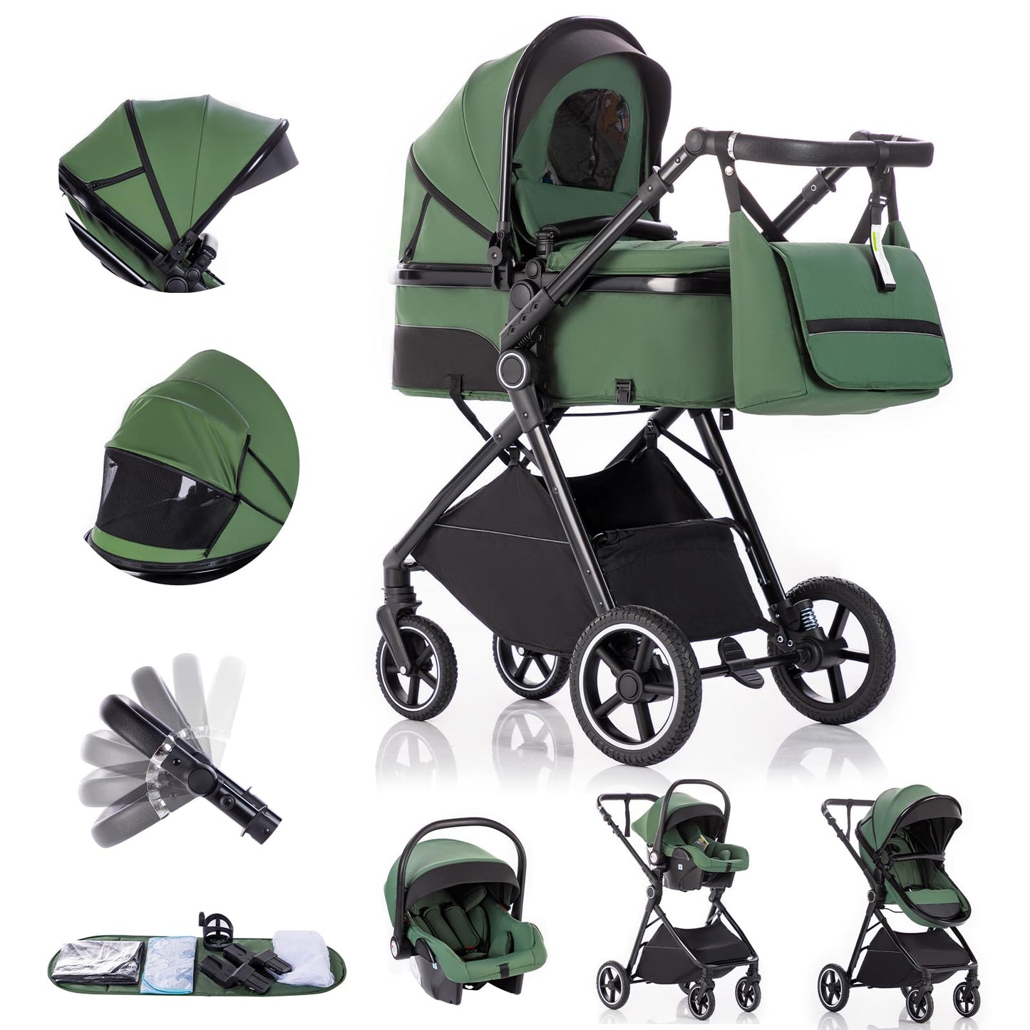 Gcarebb 3 in 1 Prams Travel System, Pushchair with Height Adjustable Handle, Travel Pram with Rain Cover, Baby Stroller with Aluminum Frame for Newborn
