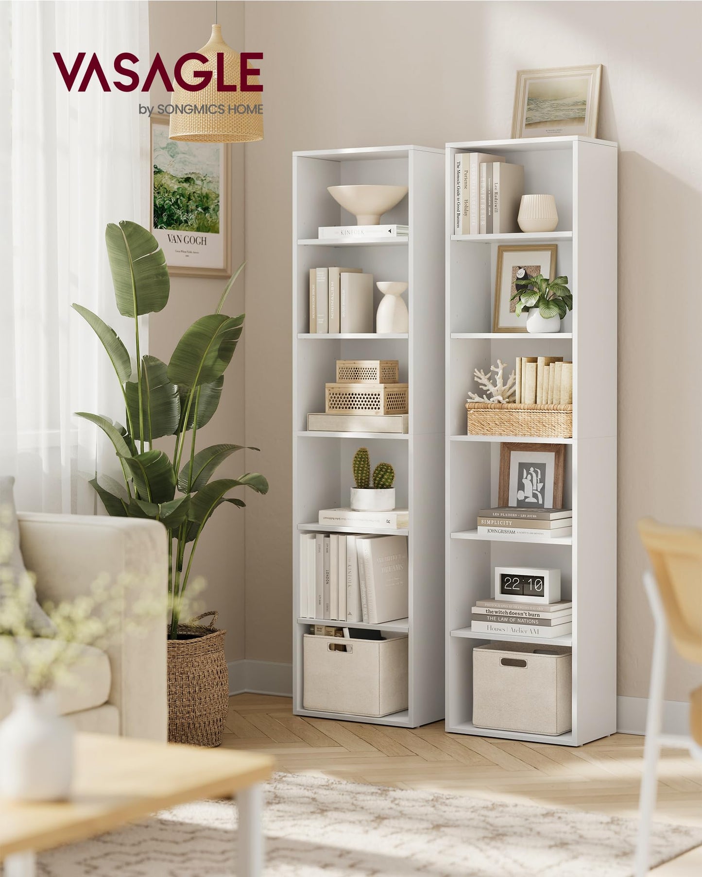 VASAGLE Bookcase, 6-Tier Bookshelf, Open Storage Shelf, Shelving Unit, 24 x 60 x 178.5 cm, for Living Room, Home Office, Dinning Room, Cloud White LBC169T14