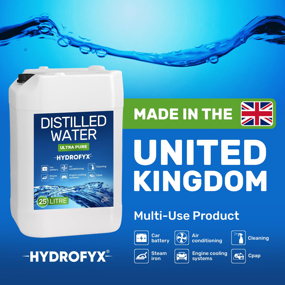 HYDROFYX 5L Distilled Water – 0 PPM TDS Mineral Free Water for CPAP Machines, Humidifiers, Steam Irons & Car Batteries – Made in UK