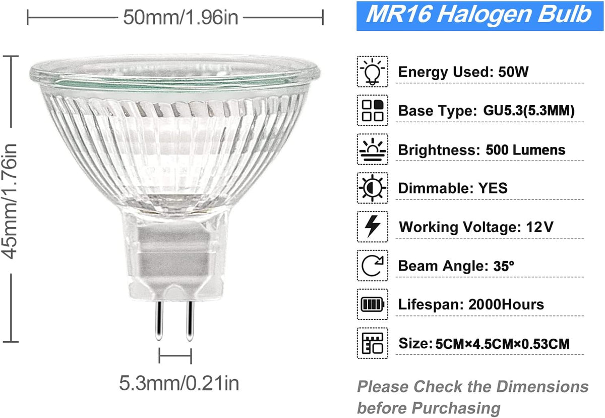 ETUOLMP MR16 Halogen Bulbs 12V 50W, Durable 6 Packs High Output Halogen Light Bulbs 2 pin GU5.3 Base for Landscape Lights, Track Lights, Ceiling Lights, Desk Lamps, Dimmable, 2700K Warm White