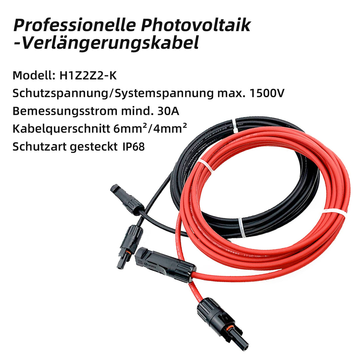 Solar Panel Extension Cable -1M/2M/3M/5M/10M/20M/30M 10AWG(6mm²/4mm²)，Harness Wiring Wire Adapter with Connector，Tinned Copper Electrical Wire Cable- Red+Black (4mm²3M)