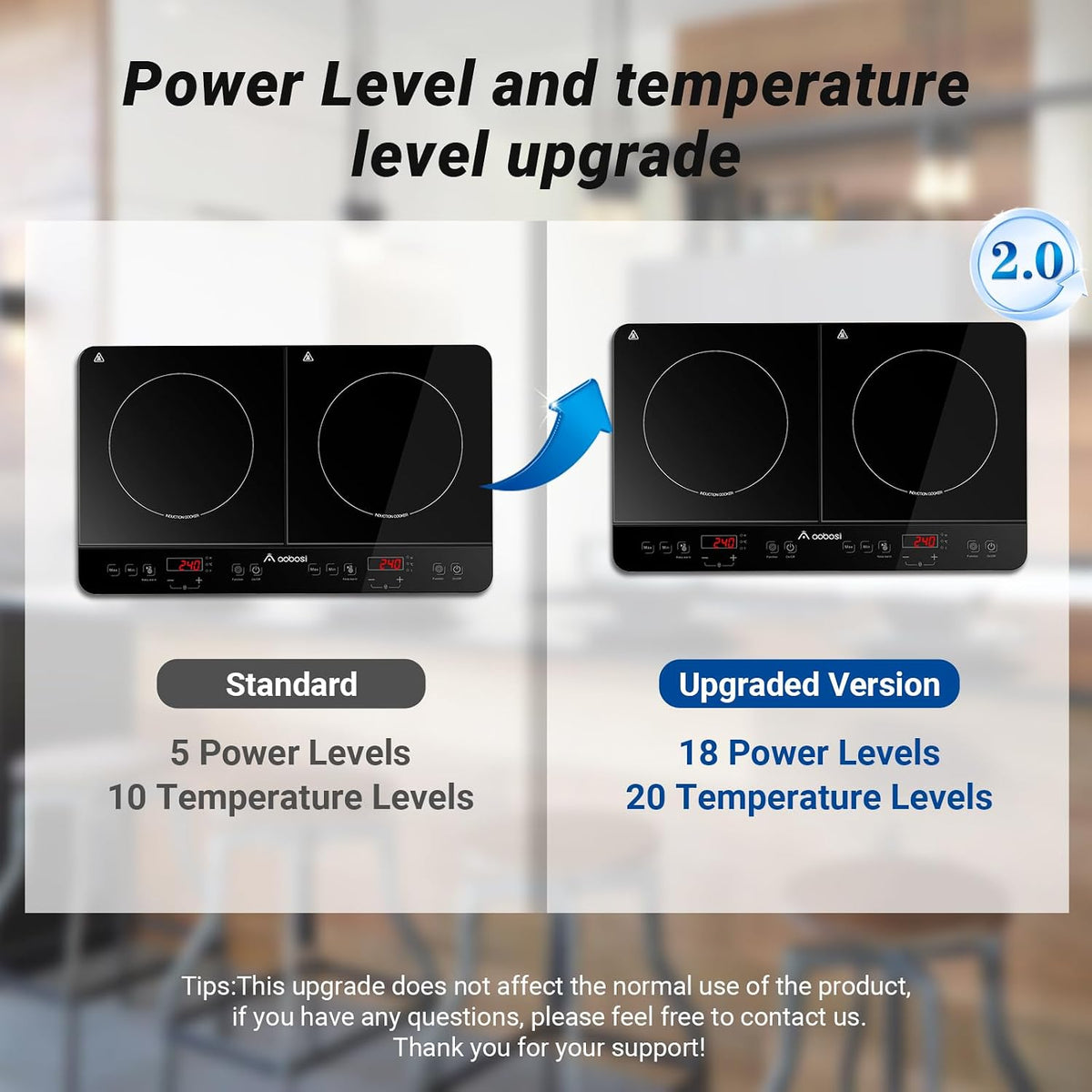 Aobosi Double Induction hob,Induction Cooker with Portable Black Glass Plate, Independent Control,One-click Max and Min Power Control 2800W,20 Temperature Setting[Upgrade],Safety Lock,4-Hour Timer