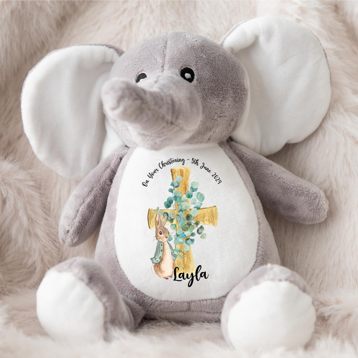 Crafted Memories - Personalised Bunny Rabbit | Custom Name & Date | Christening & Baptism Keepsake | Baby Girl & Boy | Soft Grey, White | Ideal 1st Birthday Present