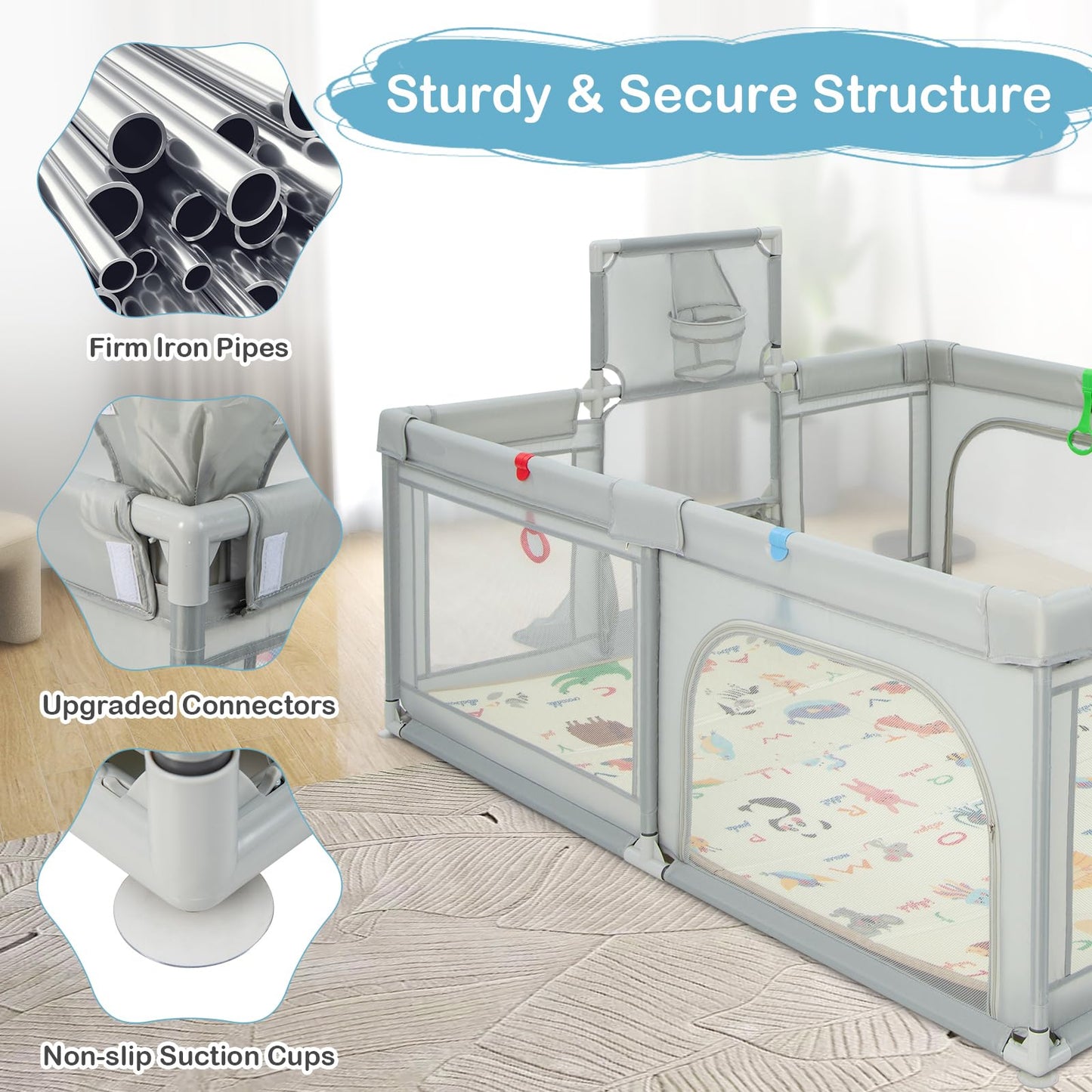 COSTWAY Baby Playpen, Toddler Mesh Play Pen with Mat, Pull Rings, Basketball Hoop, Football Nets, Ocean Balls, Indoor Outdoor Safety Playard for Babies and Toddlers (Light Gray, 207 x 142cm)