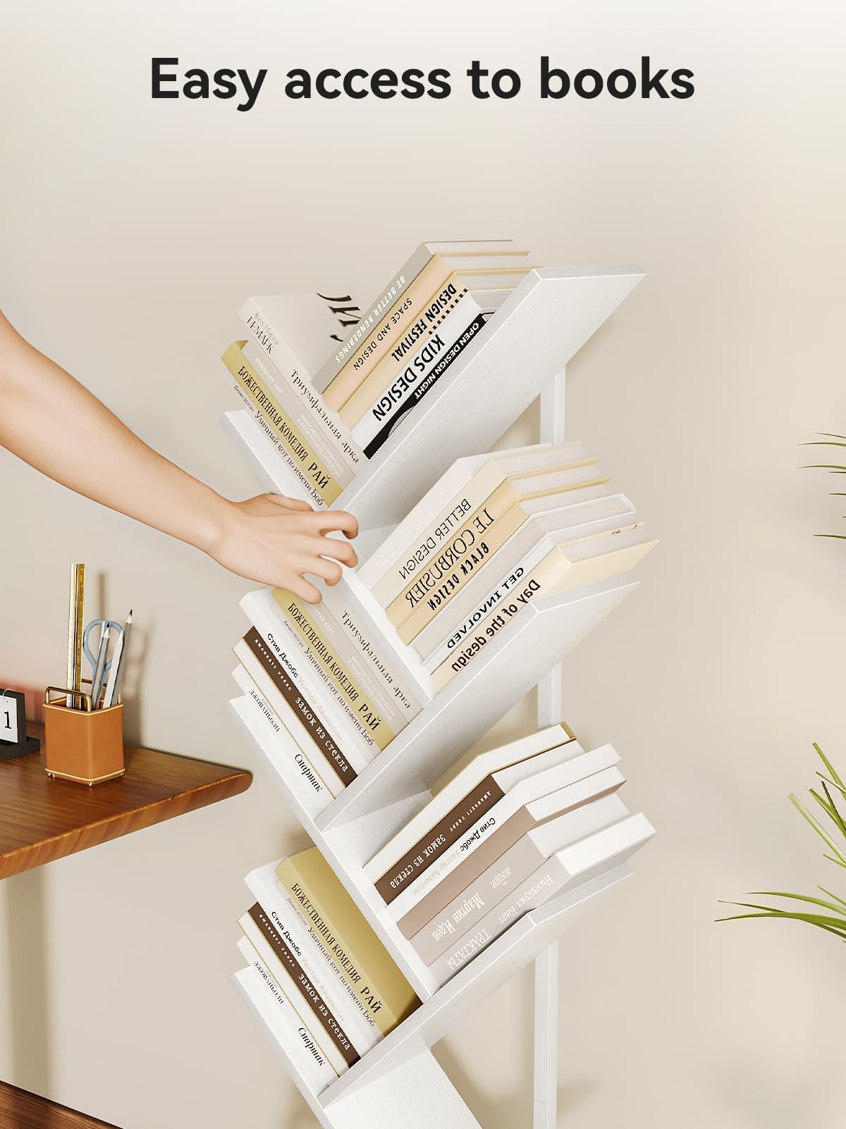 Coleshome Tree Bookshelf, 6-Tier Floor Standing Bookcase, Bookcases suitable for bedrooms and living rooms, Wooden bookshelves suitable for bedrooms and living rooms, White