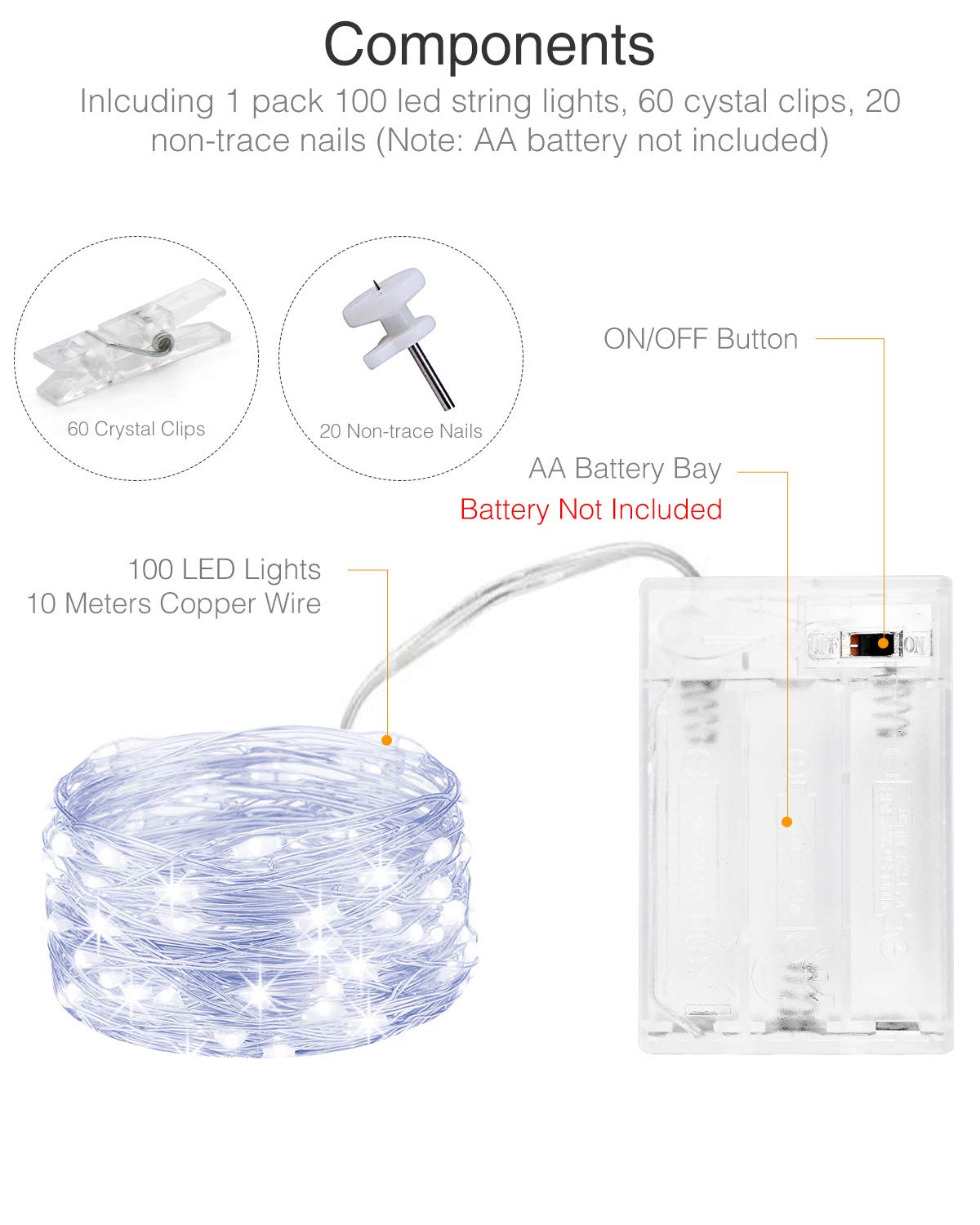 Kolpop 50LED Photo Clip String Lights, 5M Photo Peg Fairy Lights Indoor with 30 Clips Battery Powered Cooper Wire Hanging String Photo Display for Bedroom Birthday Wedding Party Christmas Decorations