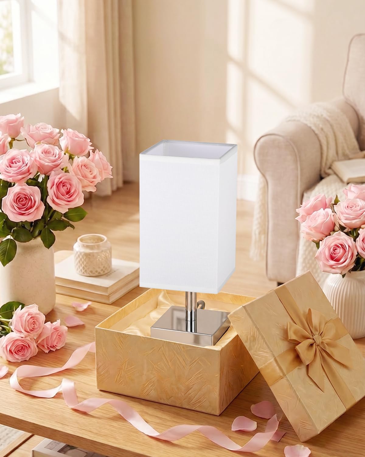 White Table Lamp for Bedroom, Small Bed Lamp with for Bedroom, Silver Base(Bulb Included)