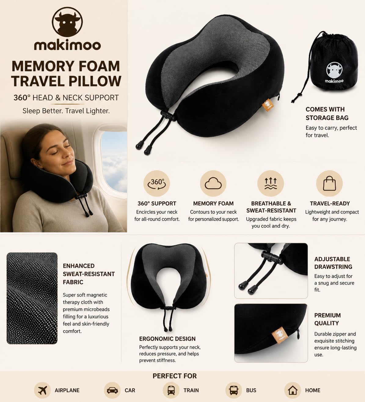 Memory Foam Travel Pillow, Neck Pillow with 360-Degree Head Support, Comfortable and Lightweight, Ideal for Sleeping on Airplane, Car, Train, Bus and Home Use, Comes with Storage Bag (Grey)