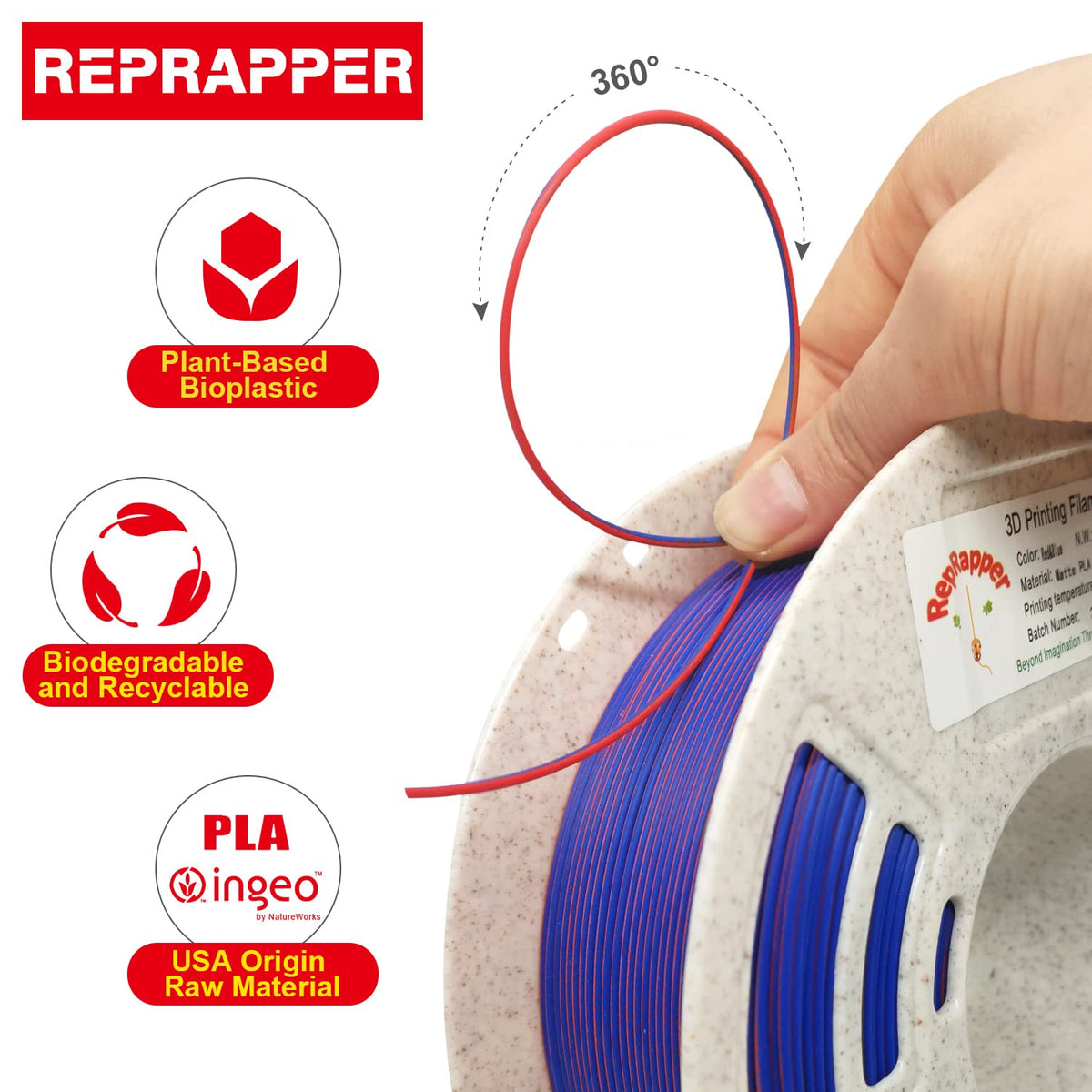 Reprapper 4X 250g Color Pack – Dual Color PLA Filament 1.75mm for 3D Printer & 3D Pen, Multicolour Filament, 4 x 250g Matte Red/Blue, Matte Purple/Green, Silk Red/Blue, and Silk Purple/Green