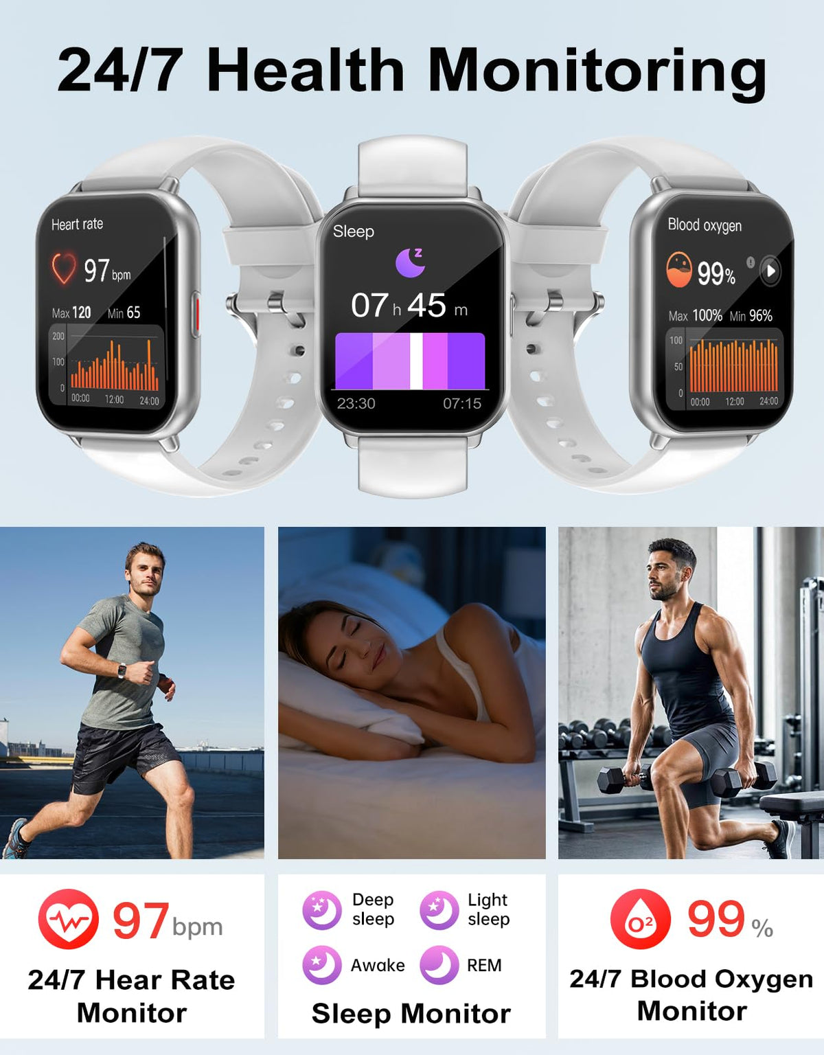 RUIMEN Smart Watch Answer Dial Call,Smart Watches for Women Men 1.85" HD Screen Fitness watch with SpO2 Heart Rate Sleep Monitor Step Counter Waterproof 100+ Sports Mode for Android iOS (2 Bands)