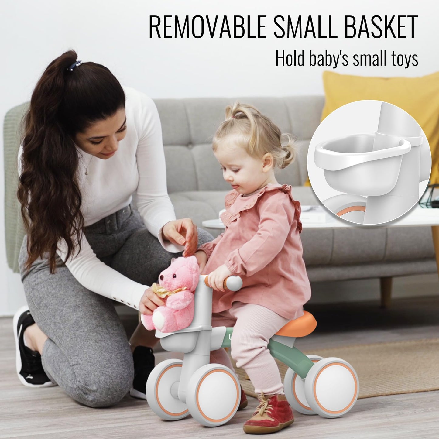 Umatoll Baby Balance Bike for 1 Year Old Boys Girls, 12-24 Months Toddler Balance Bike with Removable Basket, Adjustable Seat, 4 Wheels Infant Bike, First Birthday Gift