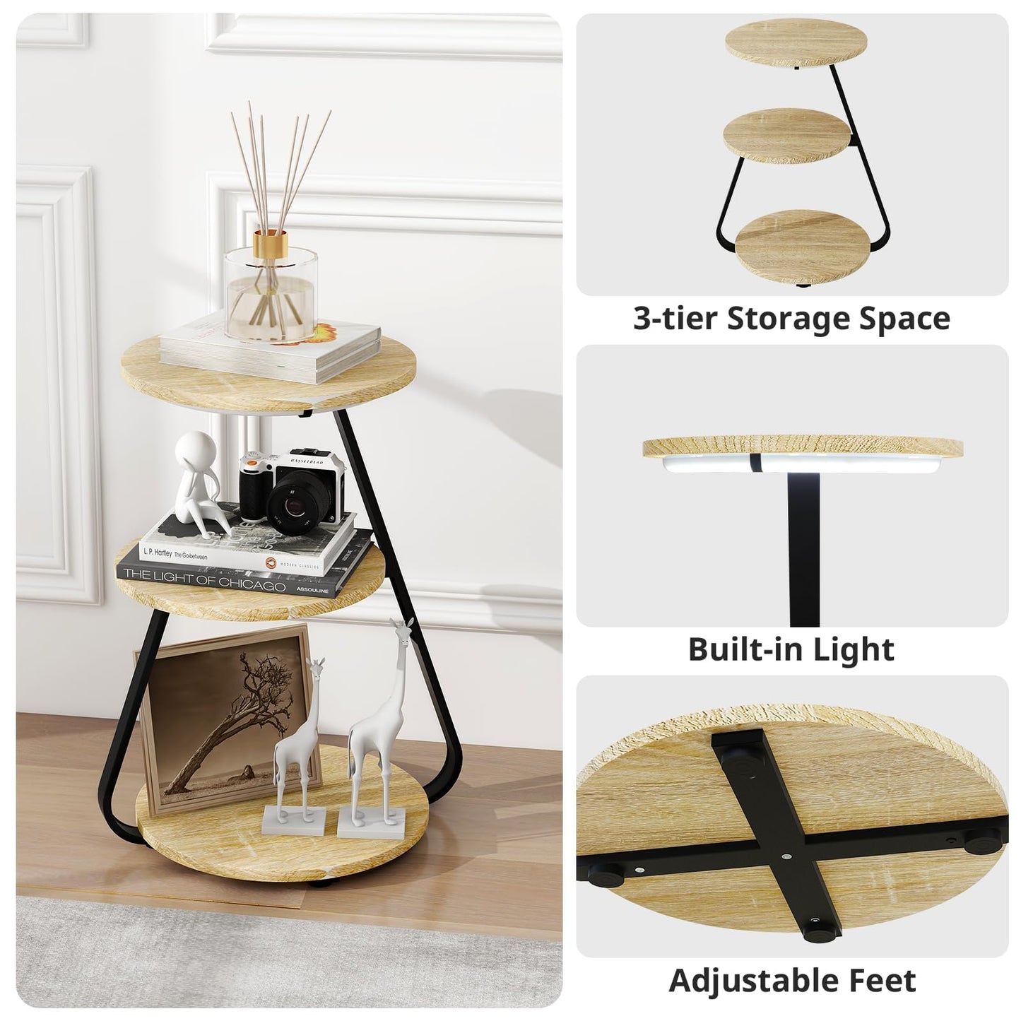 ARTETHYS Side Table, Small Round Coffee Table with 3 Color LED Lights, End Table with 3 Tier Storage Shelves, Bedside Sofa Side Tables for Living Room Bedroom, Rustic Brown