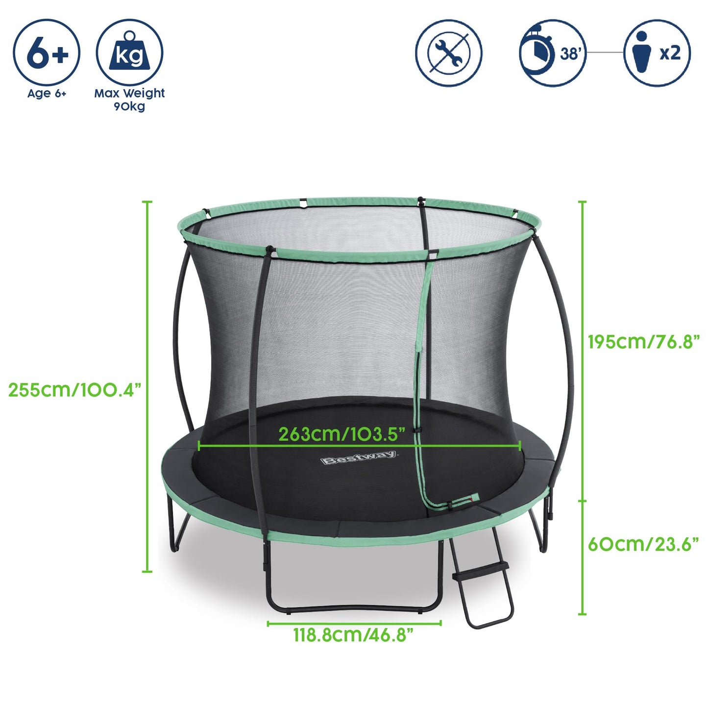 Bestway Xtreme Air Trampoline, 8ft/10ft/12ft Outdoor Round Trampoline with Fully Sewn Gap-Free Safety Enclosure Net, Ladder & Anchor Kit, 2-Year Warranty Guaranteed