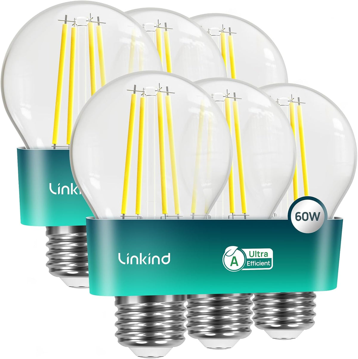 Linkind E27 LED Bulb, Ultra-efficient A-Rated 7.2W=100W Equivalent, 2700K Warm White 1521lm, Edison Screw in Light Bulb, Clear Glass Vintage Filament LED Bulb, 50000H Lifespan, 6 Pack