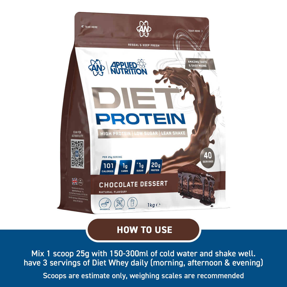 Applied Nutrition Diet Whey - High Protein Powder Supplement, Low Carb & Sugar, for Weight Management with CLA, L Carnitine, Green Tea (450g - 18 Servings) (Vanilla)