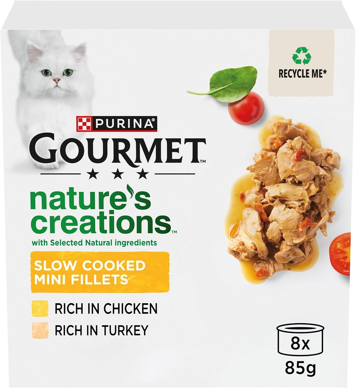 GOURMET Nature's creations (Rich in Chicken, garnished with spinach & tomatoes and Rich in Turkey, garnished with spinach and parsnip) Wet Cat Food Can 8x85g