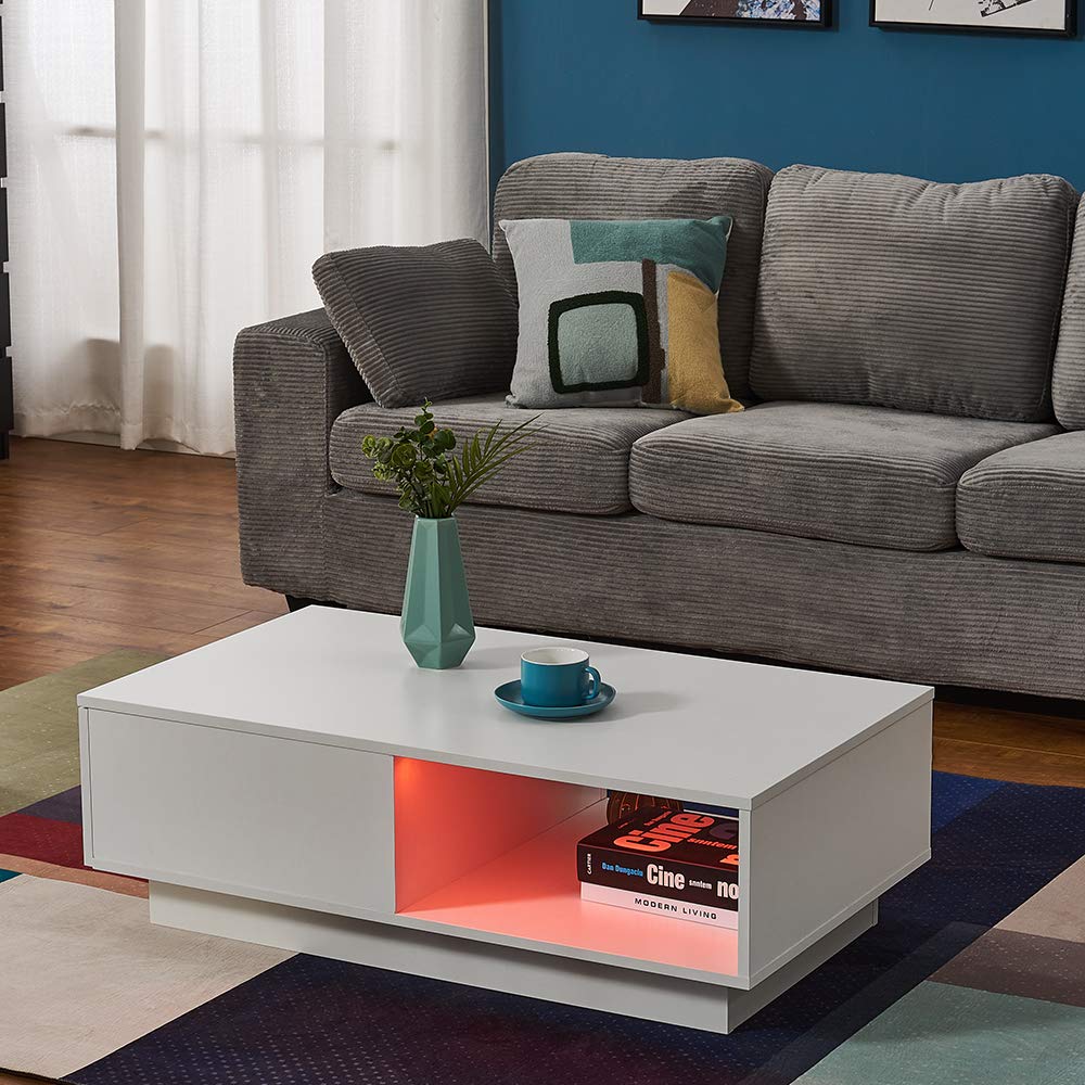 Panana Wooden Coffee Table with Storage Drawer and Shelf Wood Sofa Side End Table with LED Lighting Home Office Living Room Furniture (White)