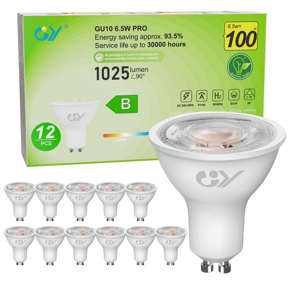GY GU10 LED Bulbs Warm White 2700K,8W 800lm Energy Saving Light Bulbs,Equivalent to 80W 120° Wide Beam for Ceiling Non-dimmable,Pack of 12