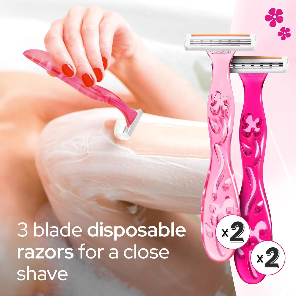 BIC Miss Soleil Disposable Razors for Women, 3 Blade, Pink Handle, Pack 4