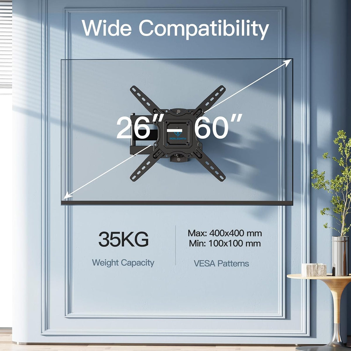 PERLESMITH TV Wall bracket for most 26-60 inch Plasma & Curved TV up to 35kg, Universal TV Bracket Wall Mount with Tilt Swivel Extension, Max VESA 400x400mm