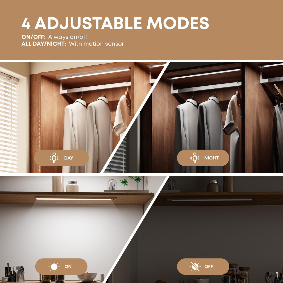 LROLTEF Under Cabinet Wardrobe Motion Sensor Lights Dimmable 21cm 1500mAh