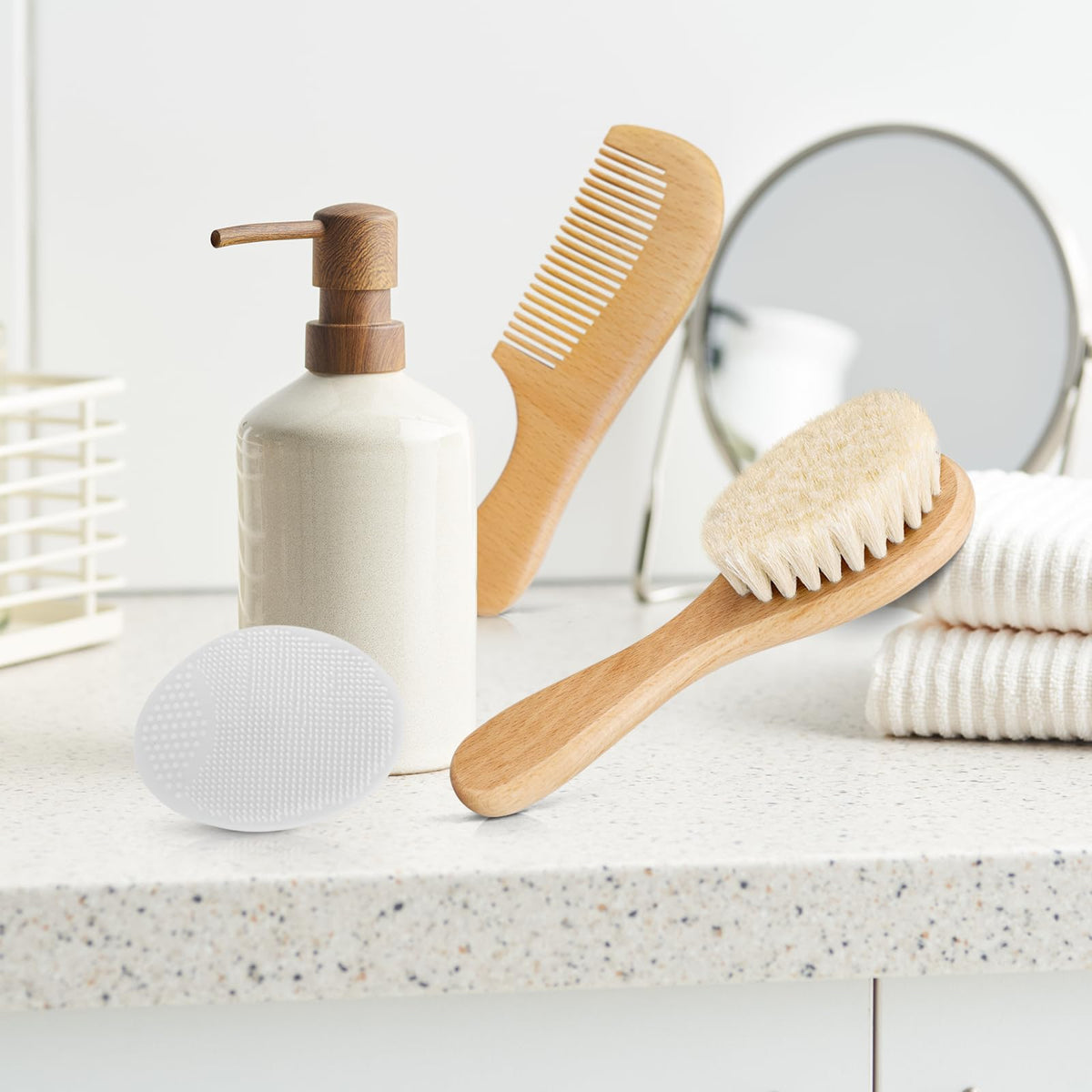 3PCS Baby Hair Brush with Wooden Handle and Comb Set for Newborns & Toddlers | Natural Soft Goat Bristles l Wood Comb l Green Cradle Cap Brush | Ideal for Cradle Cap