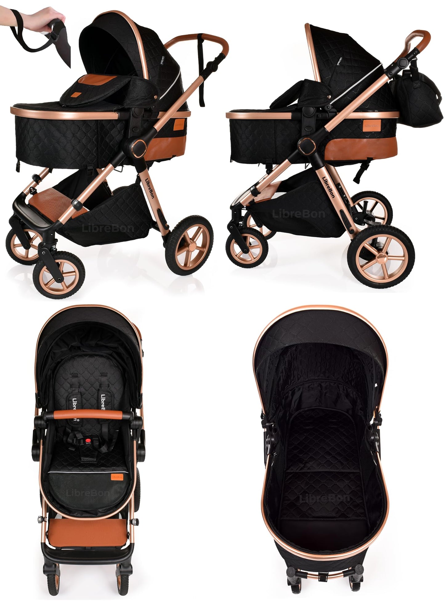 Baby Buggy Pram Pushchair Stroller 3 in 1 Child Lightweight Folding Stroller 3 in 1 Travel System Pram for Newborns & Toddlers from Birth Aluminum (Beige - Rose Gold Frame)