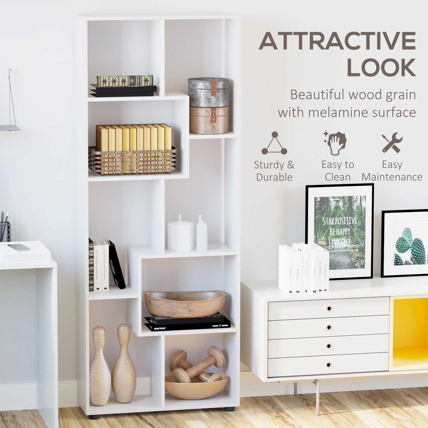 HOMCOM Bookshelf, Tall Bookcase, Modern Room Divider, 8 Cube Storage Unit, Freestanding Storage Shelf for Living Room, Bedroom, Home Office, 70 x 24 x 178 cm, White