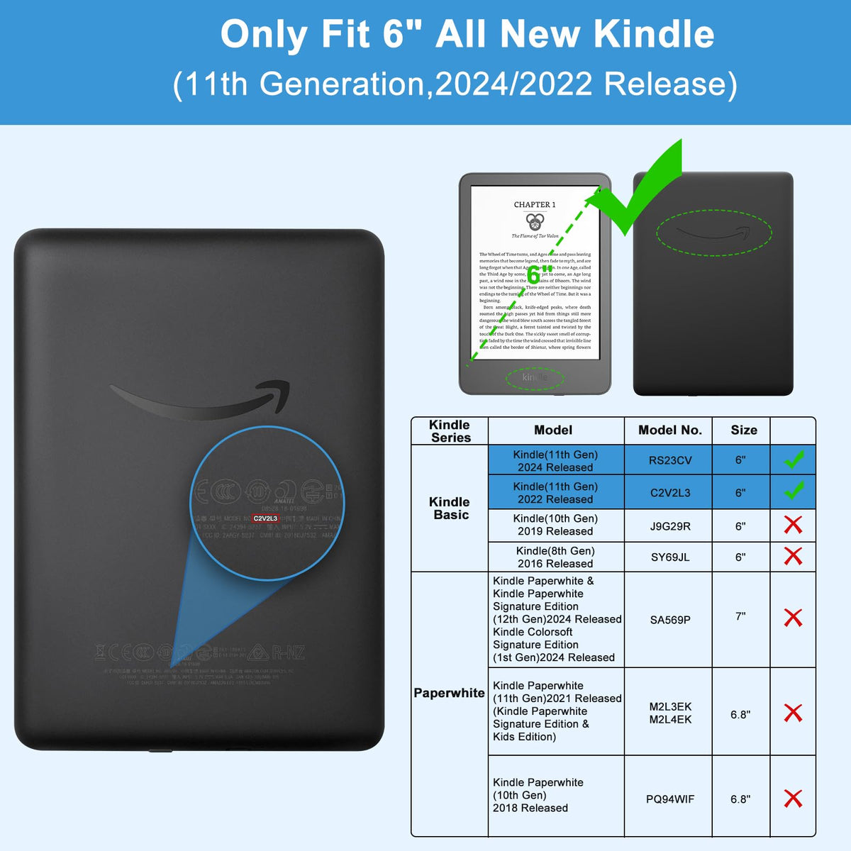 TQQ Case Fits 6" Amazon Kindle 11th Generation 2024 and 2022, Premium Slim and Lightweight Cover, Full Protection, Auto Sleep/Wake, Magnetic Closure (NOT fit Paperwhite or Oasis)