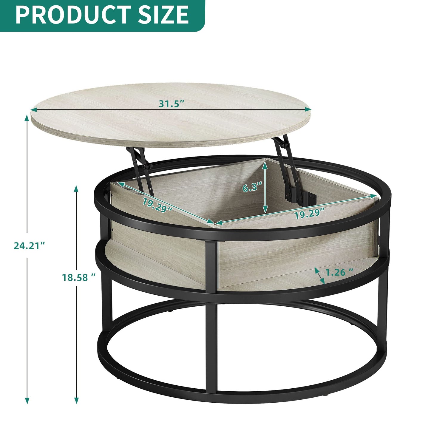 YITAHOME Coffee Table with Lift Top, lift up Coffee Table Round with Hidden Storage Compartment, 60x60x47cm