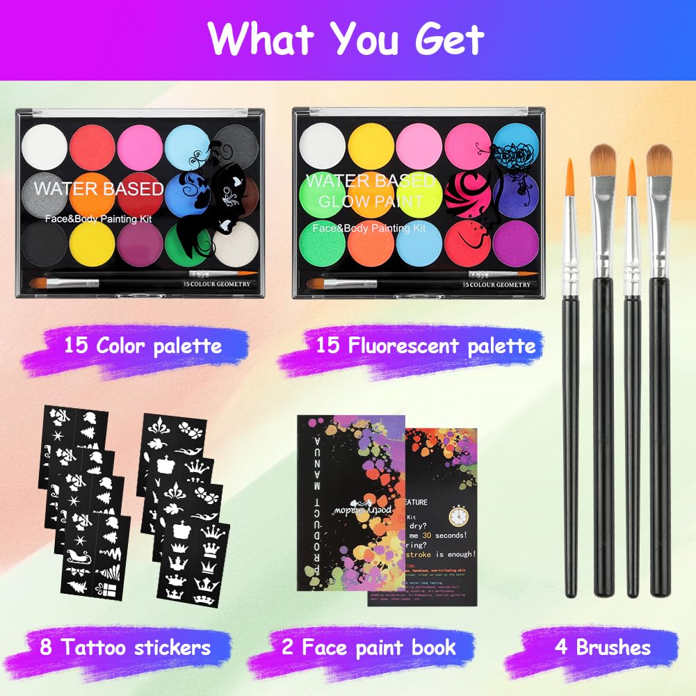 URAQT Face Paint Kit, 15 Color Face & 15 Color Neon Ultraviolet Painting with 2 Brushes 80 Stencils, Washable Safe Body Paint for Adults Kids Halloween Party Carnival, Makeup Paint Non-Toxic to Use