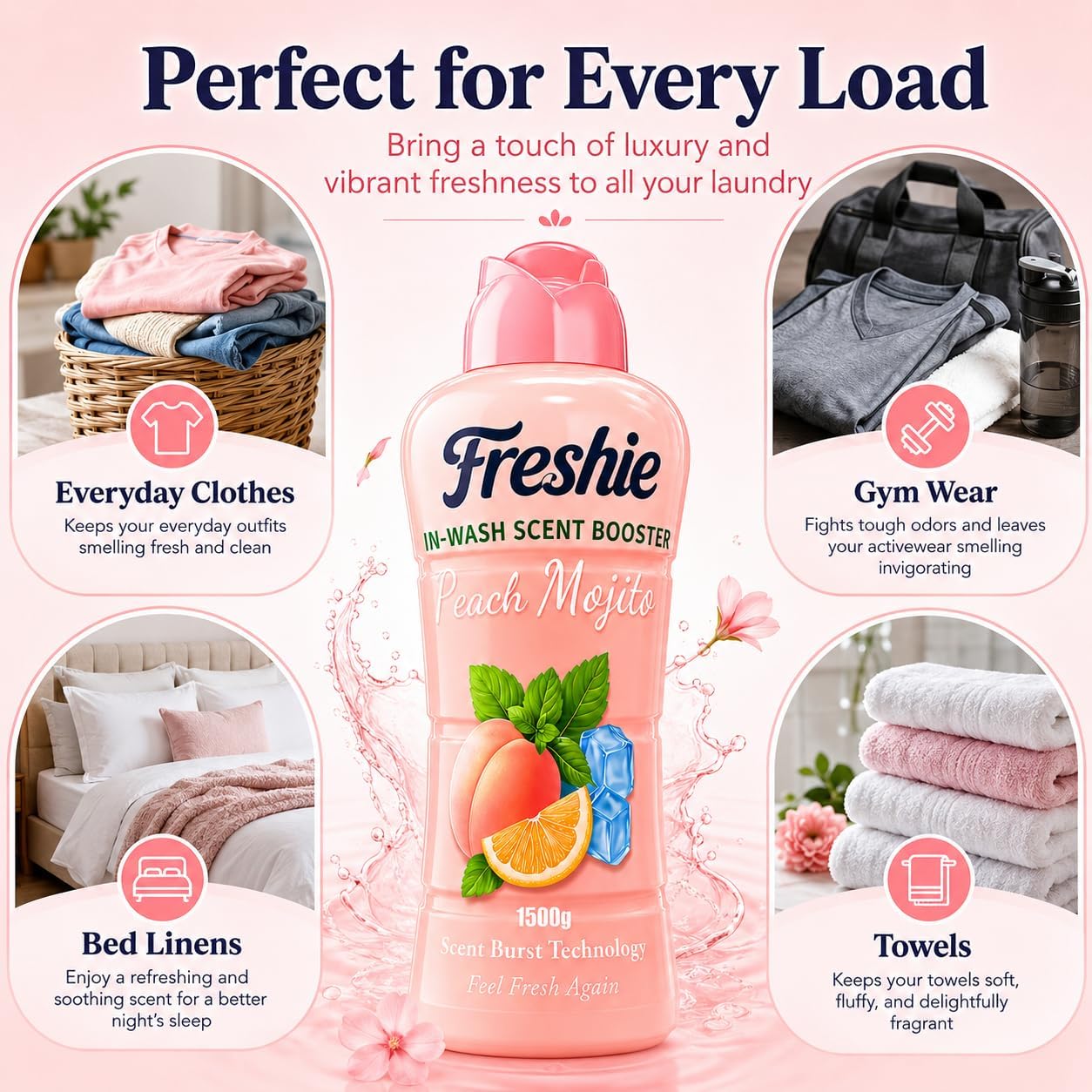 Freshie Scent Booster Laundry Beads 1500g, Peach Mojito Scent, In-Wash Scent Booster for Freshness Long-Lasting Fragrance, Up to 100 Washes, Granules